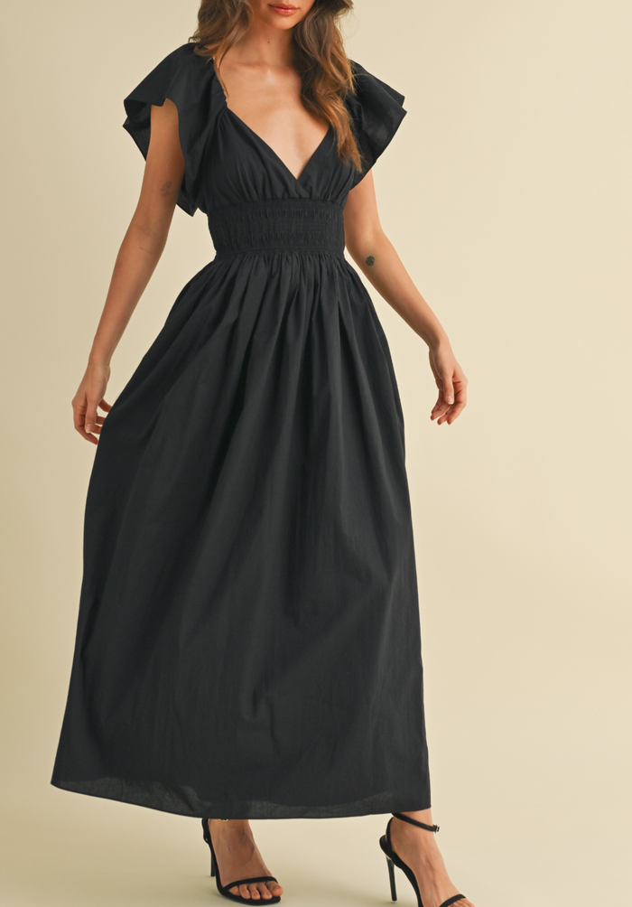 Poplin Frill Sleeves Midi Dress with Low Back