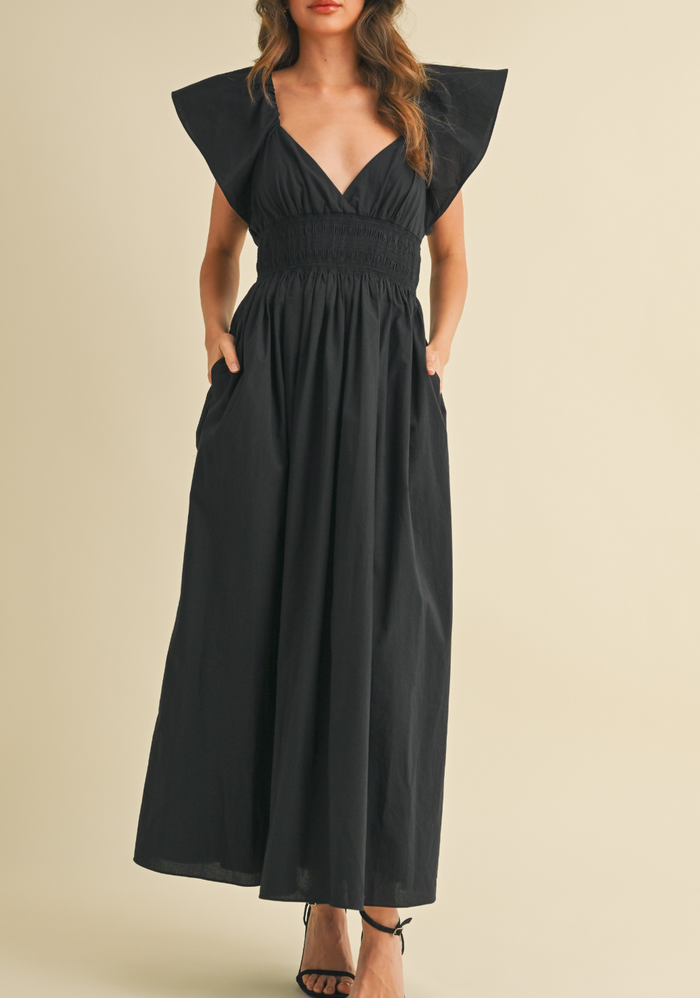 Poplin Frill Sleeves Midi Dress with Low Back