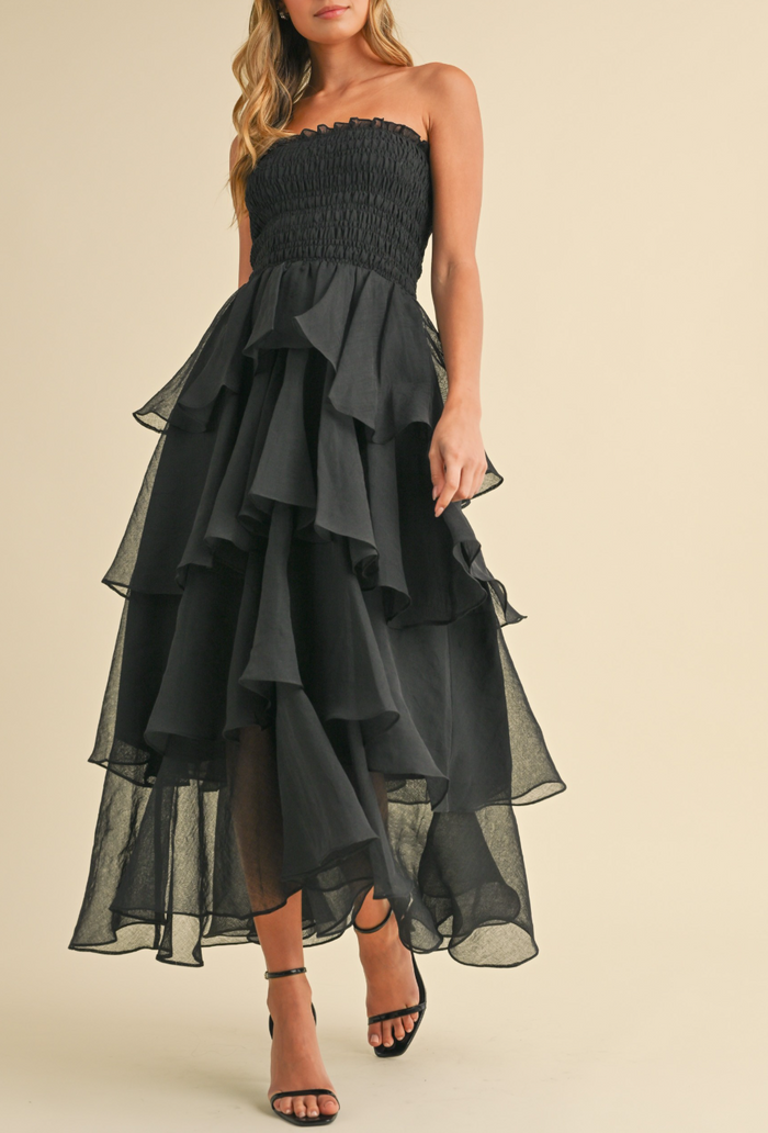 Smocked Strapless Tiered Ruffled Maxi Dress