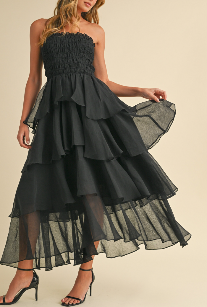 Smocked Strapless Tiered Ruffled Maxi Dress