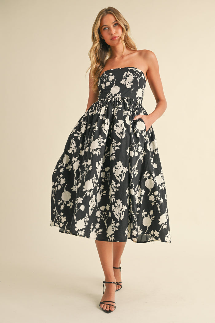 Strapless Floral Printed A-Line Flared Mini Dress