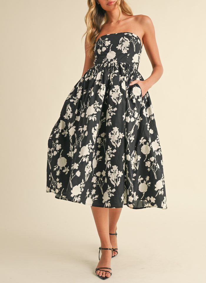 Strapless Floral Printed A-Line Flared Mini Dress