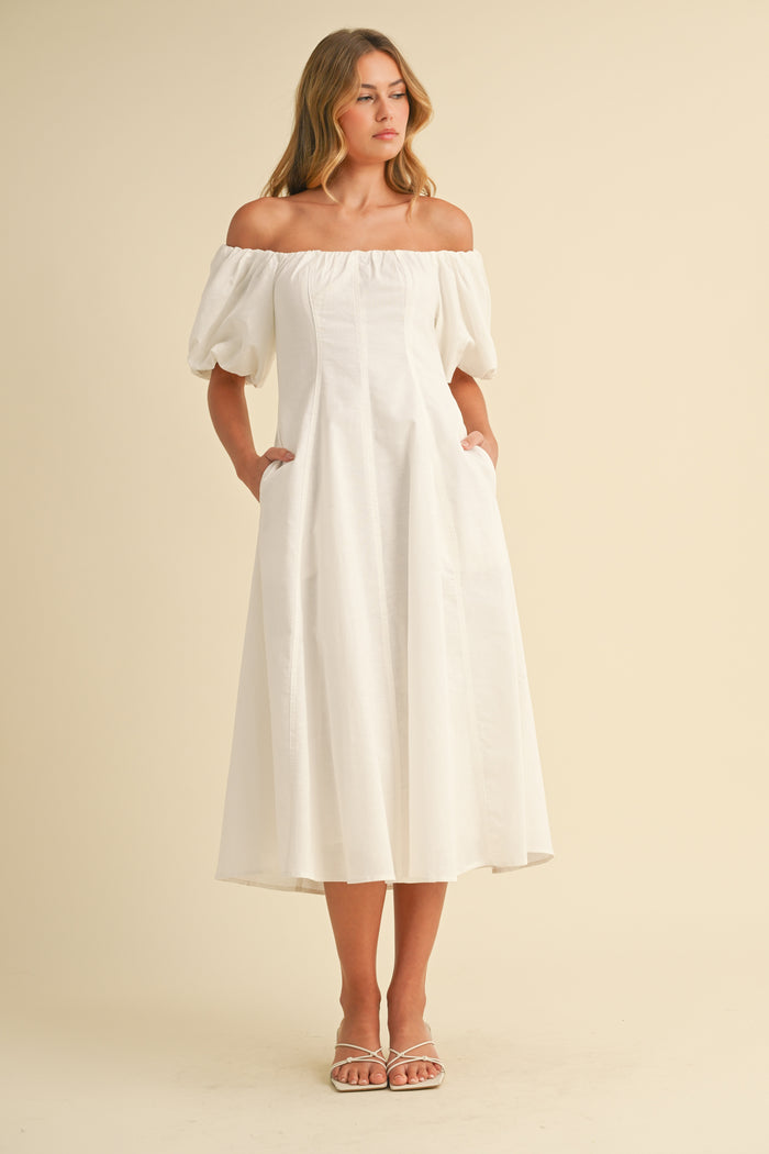 Puff Sleeves Off Shoulder A-Line Midi Dress