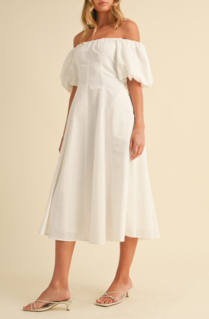 Puff Sleeves Off Shoulder A-Line Midi Dress