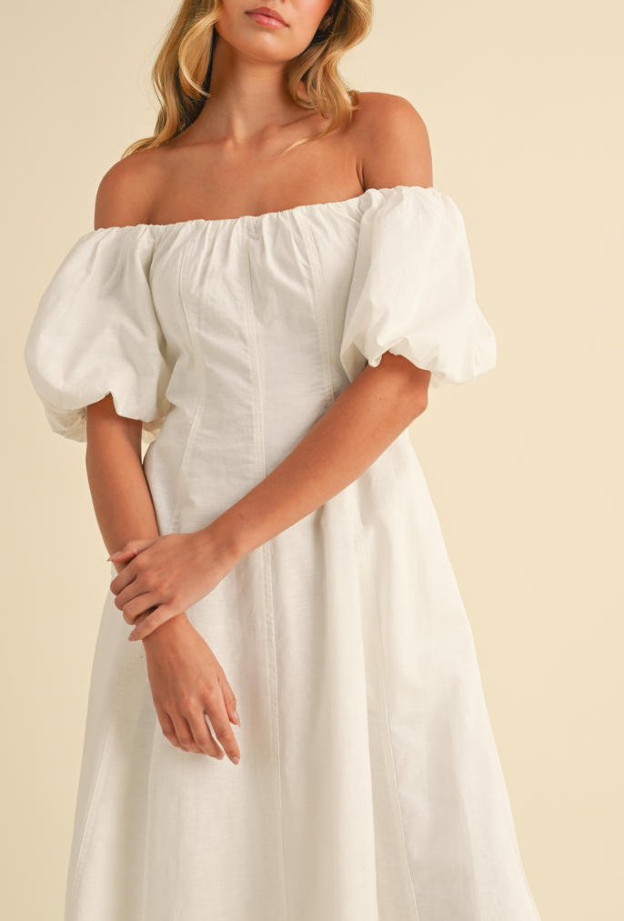 Puff Sleeves Off Shoulder A-Line Midi Dress