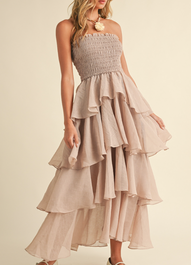 Smocked Strapless Tiered Ruffled Maxi Dress