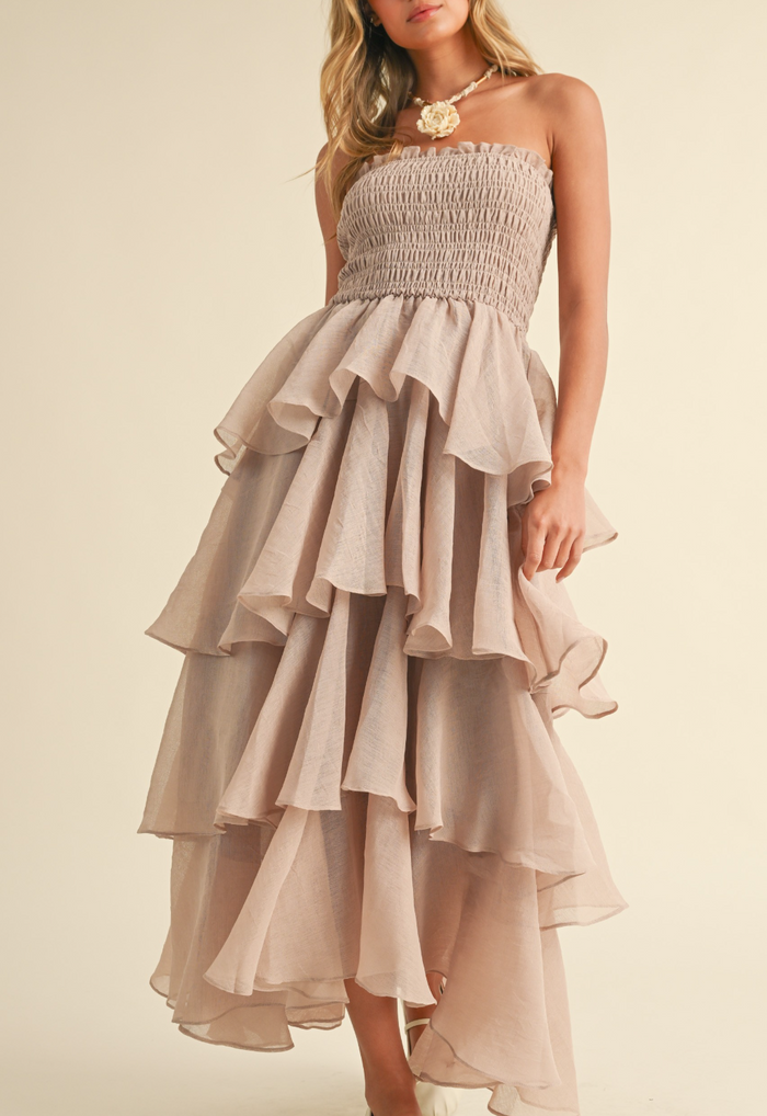 Smocked Strapless Tiered Ruffled Maxi Dress