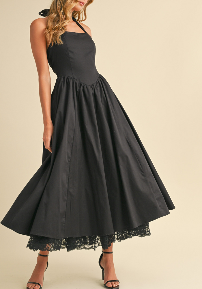 Halter Poplin Full-Flared Midi Dress with Lace Contrast on the Bottom