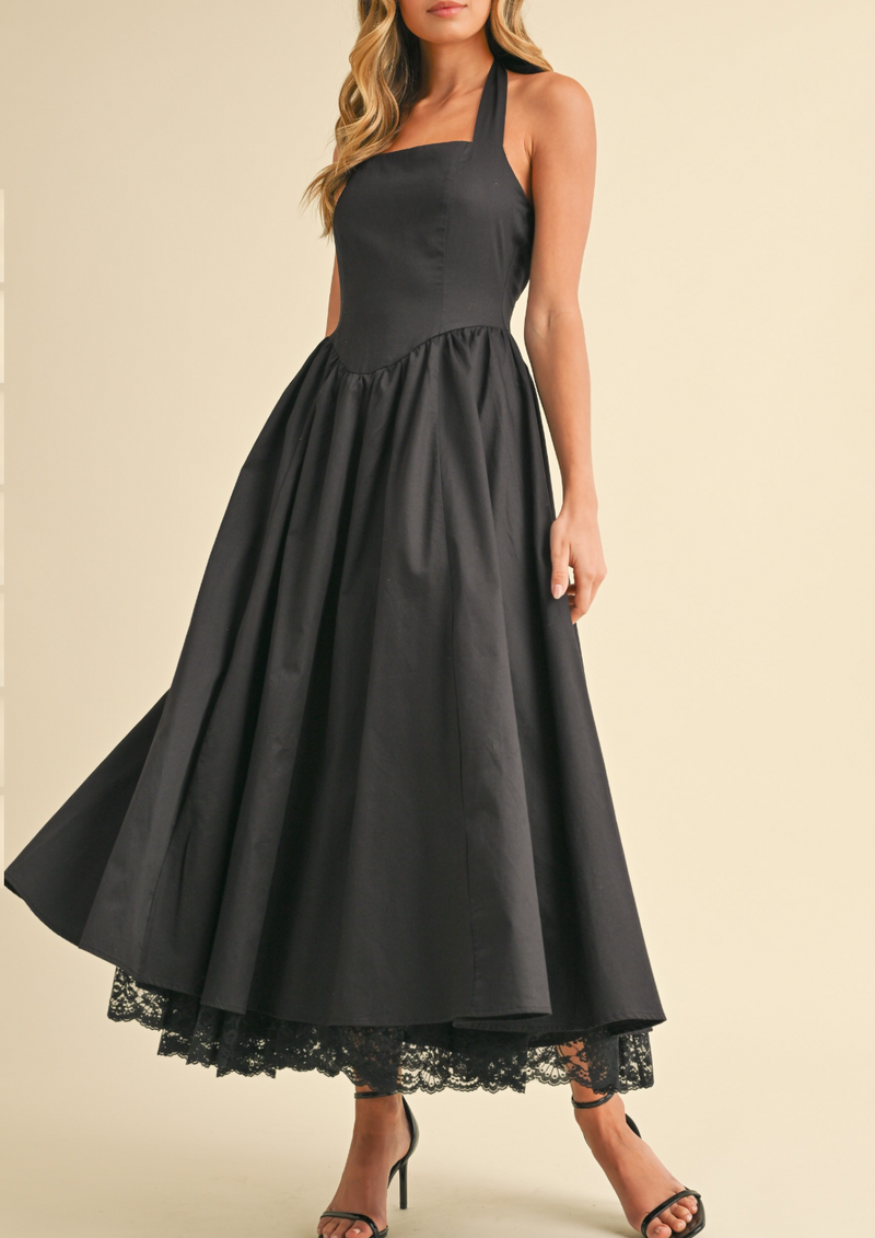 Halter Poplin Full-Flared Midi Dress with Lace Contrast on the Bottom