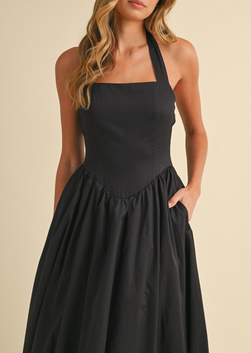 Halter Poplin Full-Flared Midi Dress with Lace Contrast on the Bottom