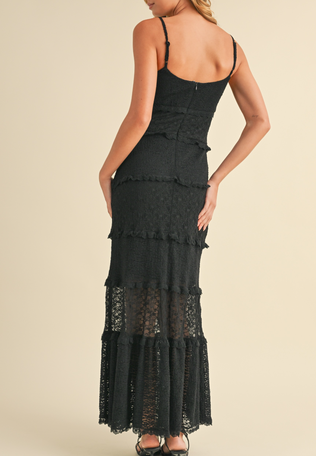 Tiered Ruffled Lace Maxi Dress with Partial Lining Medium / Black Tiered Ruffled Lace Maxi Dress with Partial Lining Medium / Black