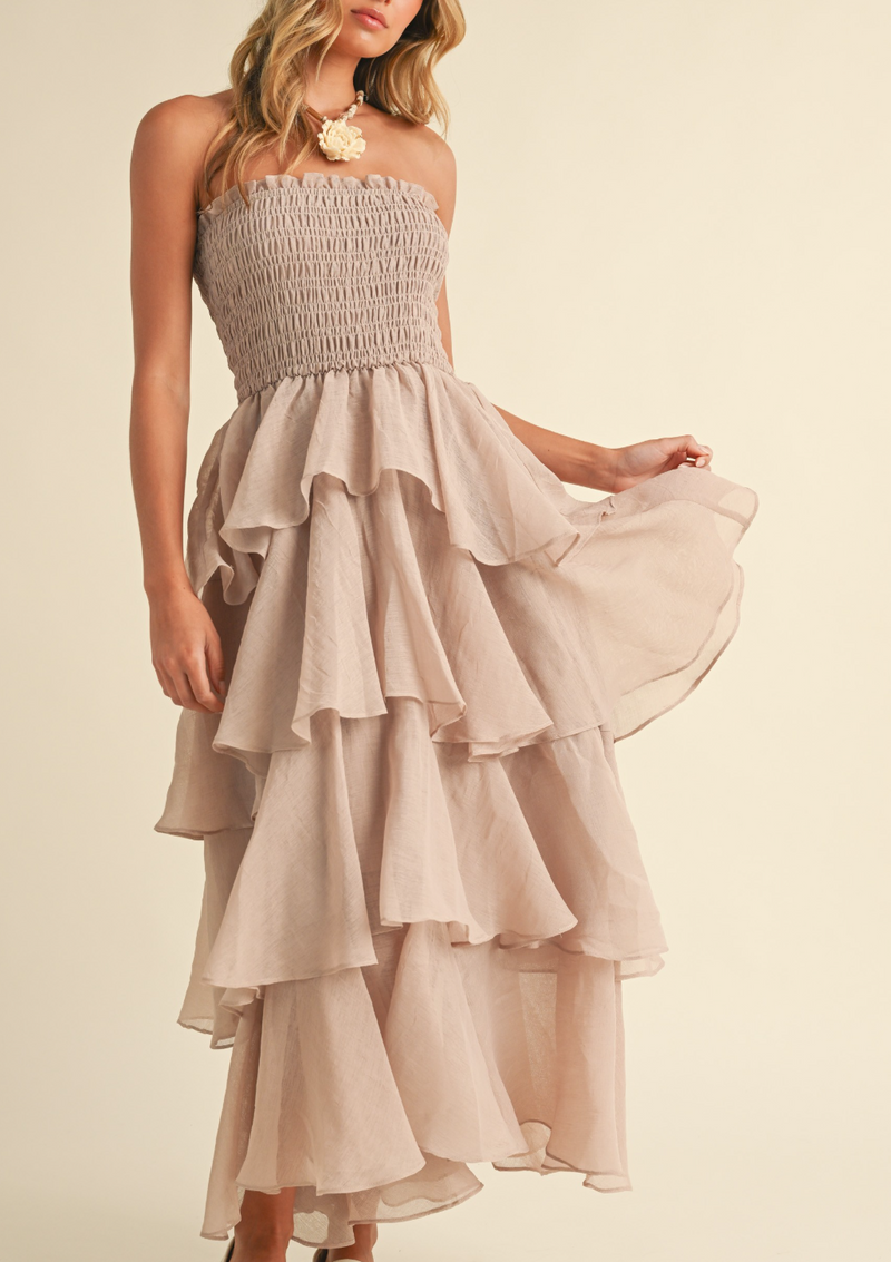 Smocked Strapless Tiered Ruffled Maxi Dress