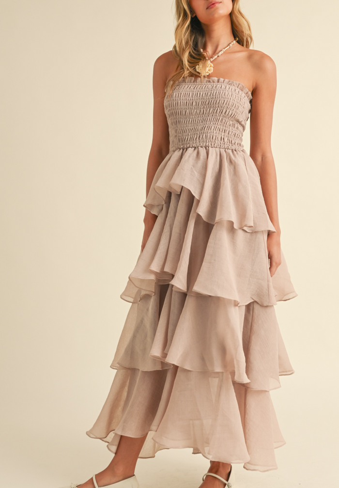 Smocked Strapless Tiered Ruffled Maxi Dress