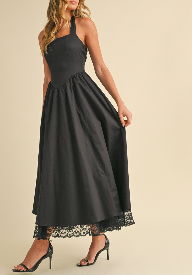 Halter Poplin Full-Flared Midi Dress with Lace Contrast on the Bottom