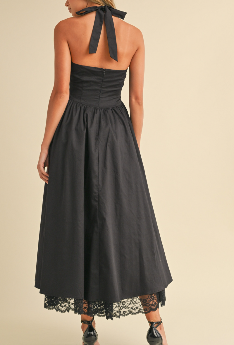 Halter Poplin Full-Flared Midi Dress with Lace Contrast on the Bottom