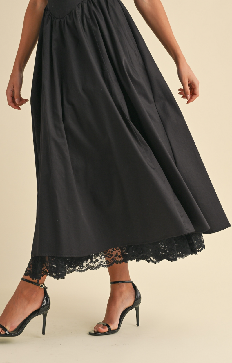 Halter Poplin Full-Flared Midi Dress with Lace Contrast on the Bottom