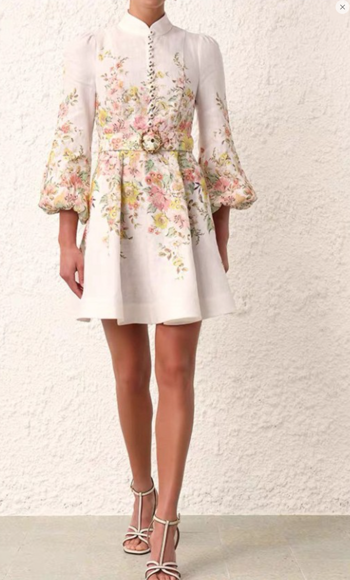 Stand Collar Single-Breasted Lantern Sleeve Printed Dress