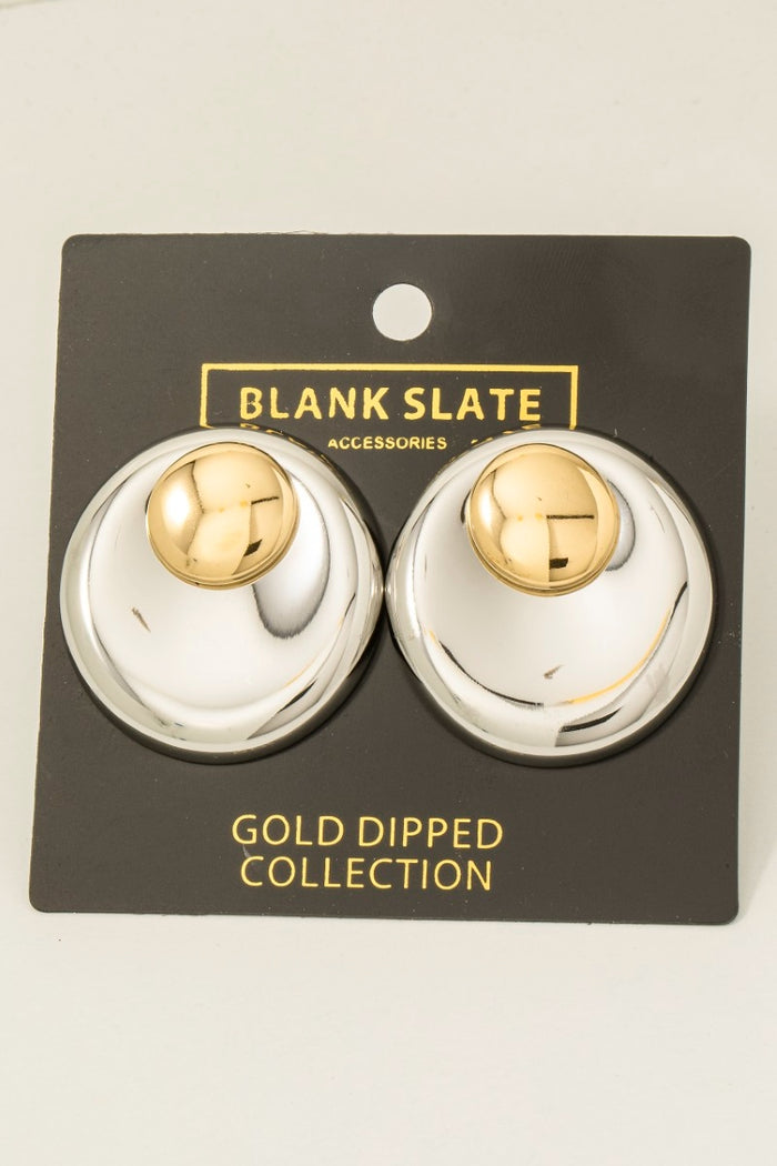 Gold Dipped Large Two Tone Layered Disc Stud Earrings