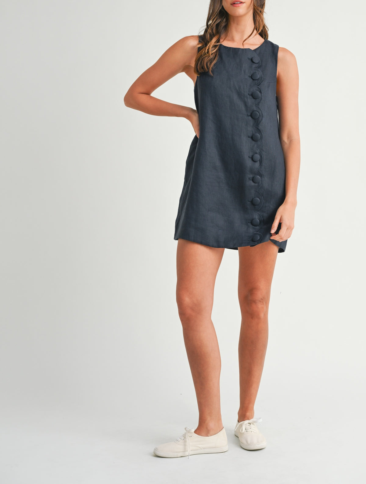 Linen Scallop Button Detail Mini Dress