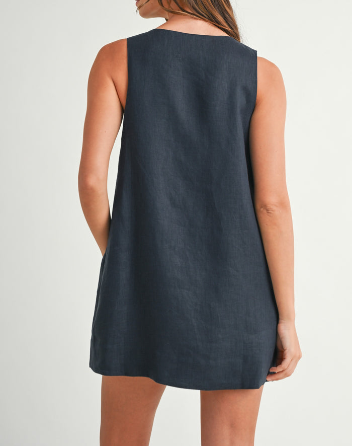 Linen Scallop Button Detail Mini Dress