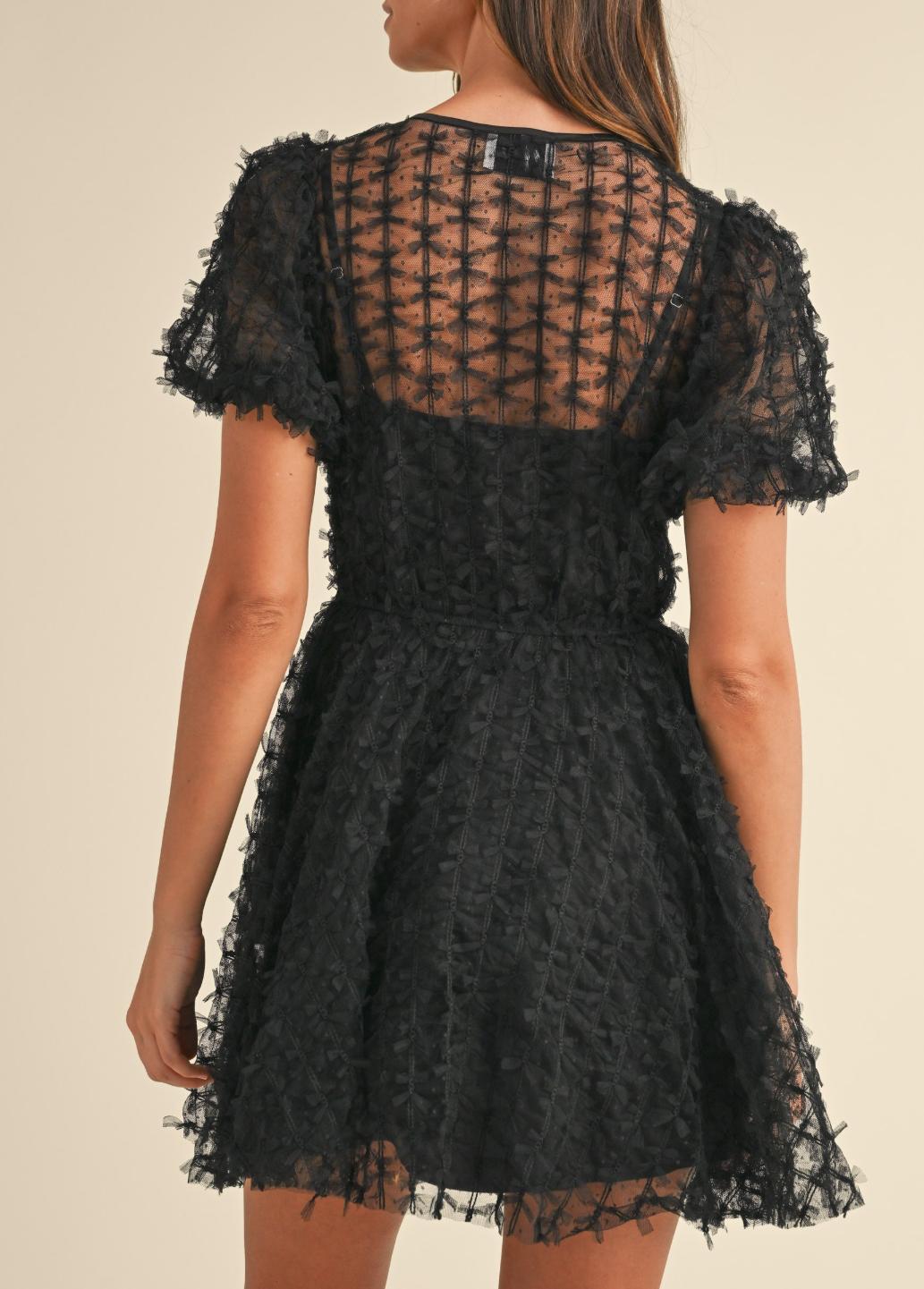 Bow Textured Mesh Puff Sleeve Mini Dress