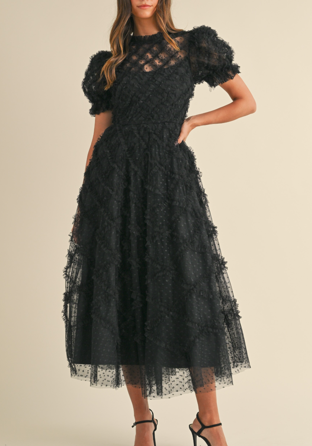 Ruffle Frill Detailed Swiss Dot Mesh Midi Dress