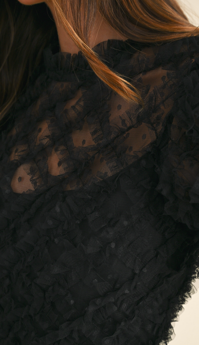 Ruffle Frill Detailed Swiss Dot Mesh Midi Dress