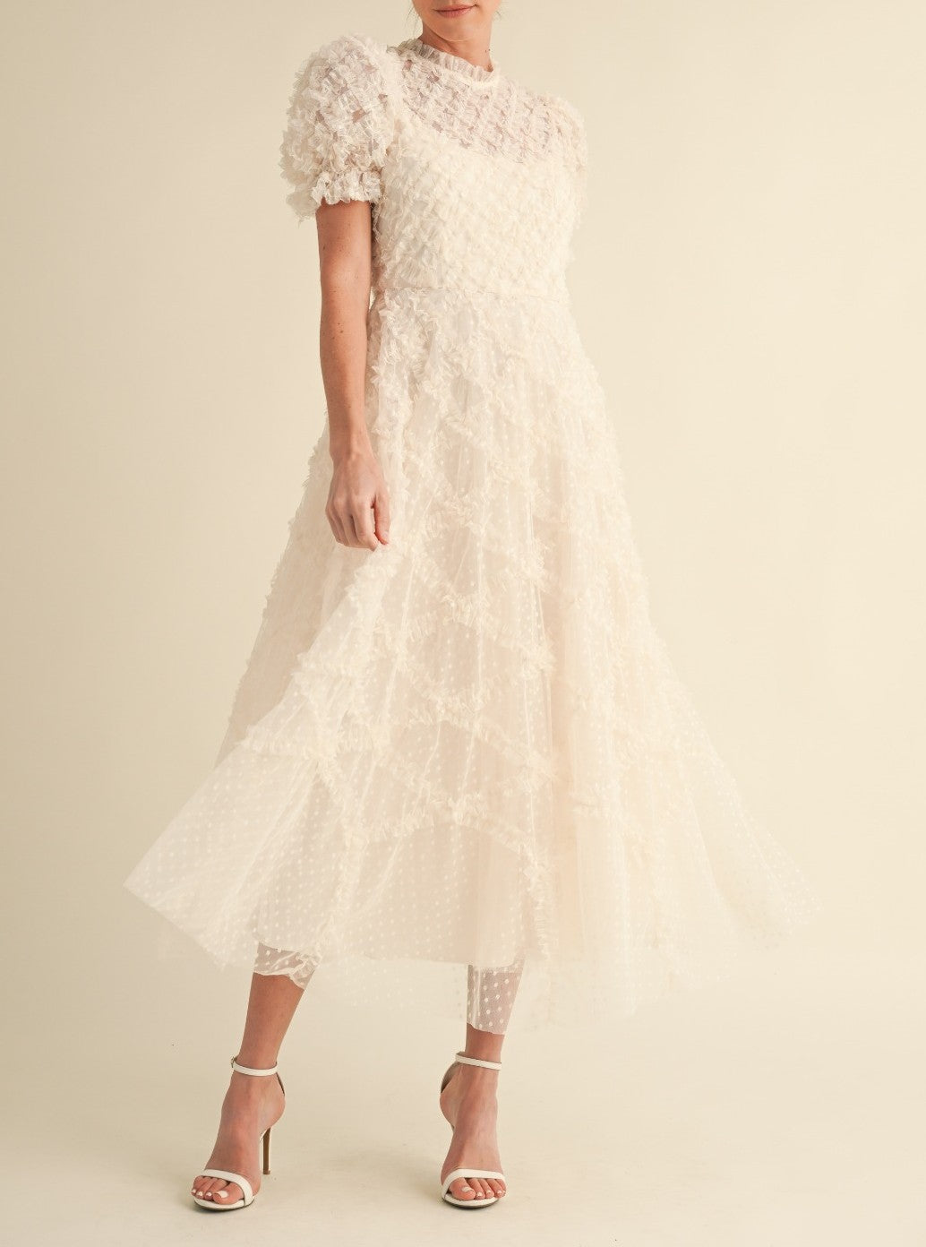 Ruffle Frill Detailed Swiss Dot Mesh Midi Dress Large / Cream Ruffle Frill Detailed Swiss Dot Mesh Midi Dress Large / Cream
