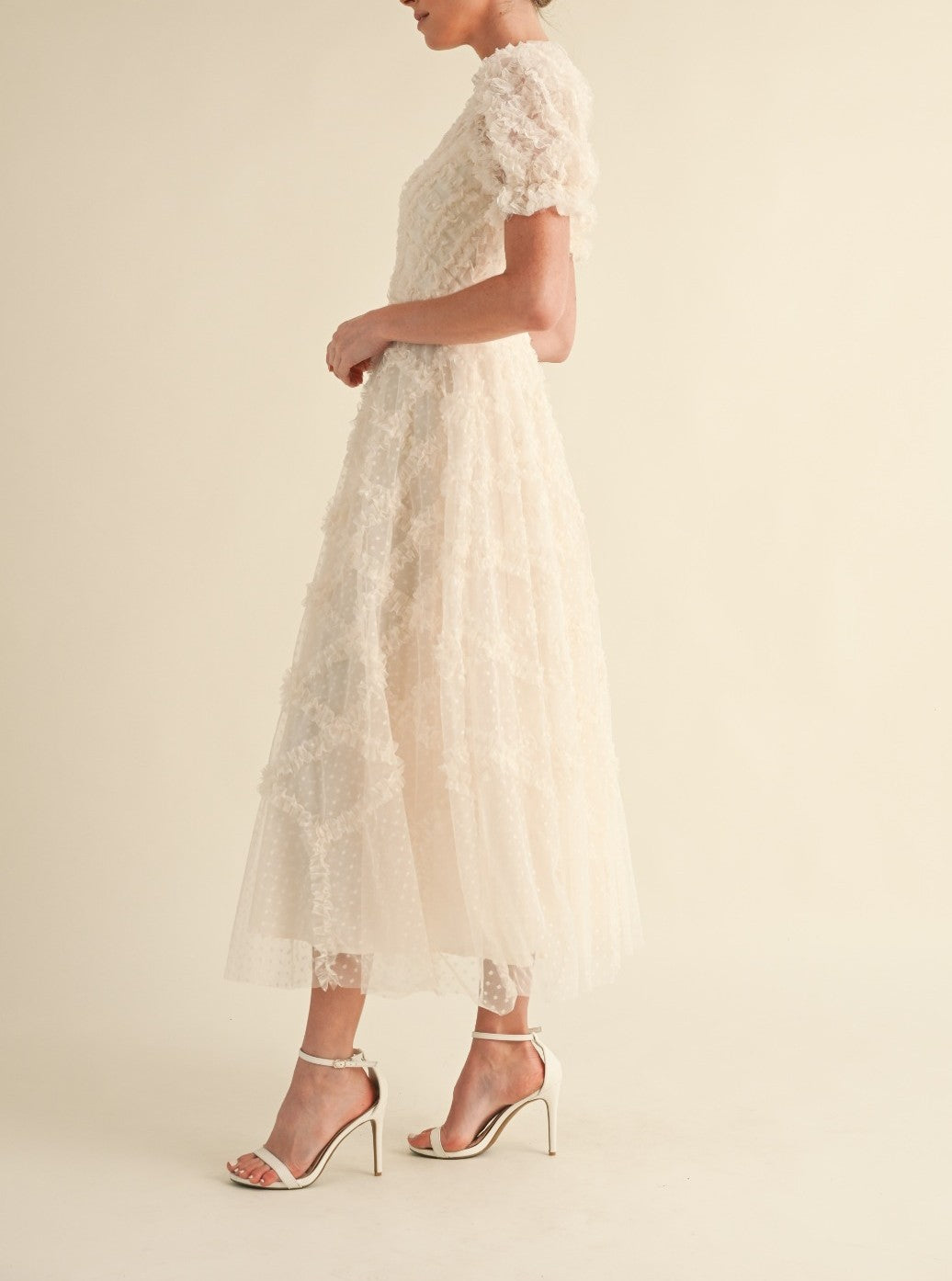 Ruffle Frill Detailed Swiss Dot Mesh Midi Dress