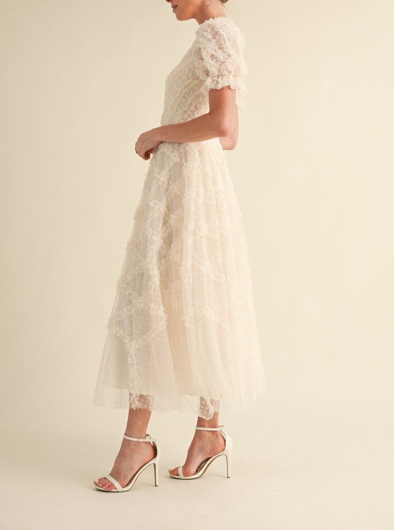 Ruffle Frill Detailed Swiss Dot Mesh Midi Dress