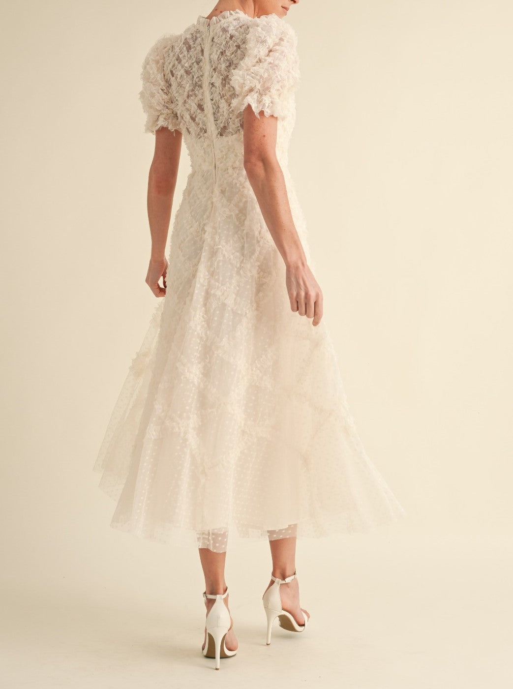 Ruffle Frill Detailed Swiss Dot Mesh Midi Dress