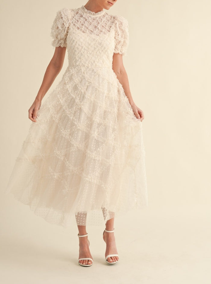 Ruffle Frill Detailed Swiss Dot Mesh Midi Dress Large / Cream Ruffle Frill Detailed Swiss Dot Mesh Midi Dress Large / Cream
