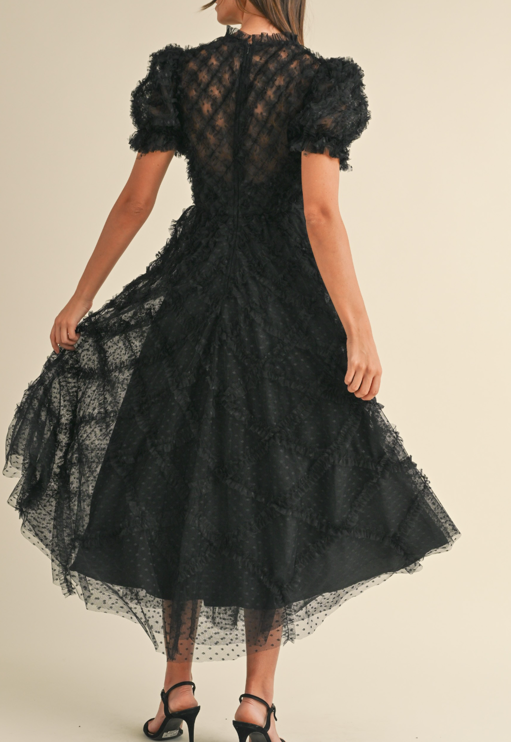 Ruffle Frill Detailed Swiss Dot Mesh Midi Dress