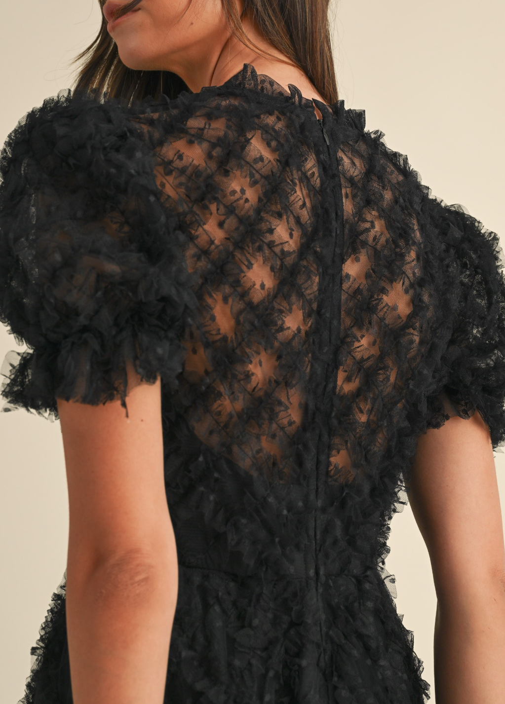 Ruffle Frill Detailed Swiss Dot Mesh Midi Dress