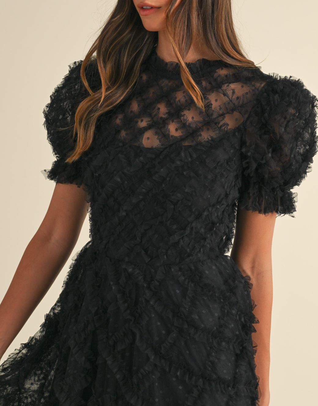 Ruffle Frill Detailed Swiss Dot Mesh Midi Dress