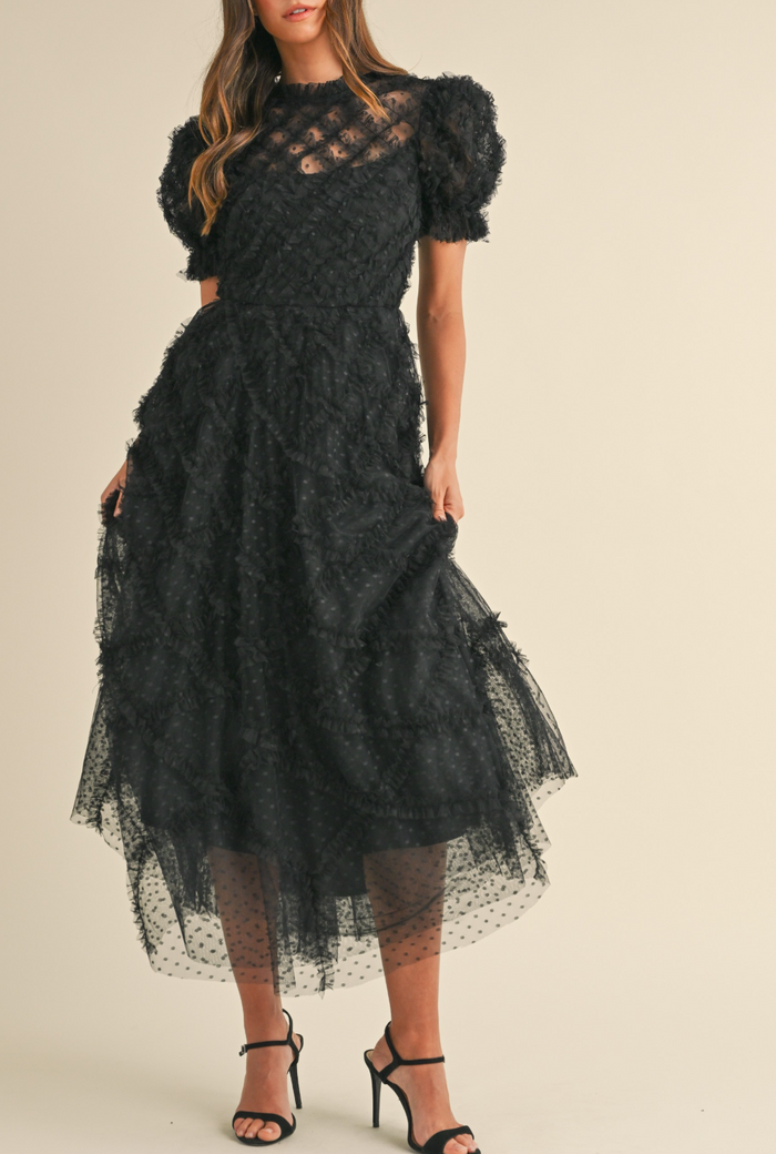 Ruffle Frill Detailed Swiss Dot Mesh Midi Dress