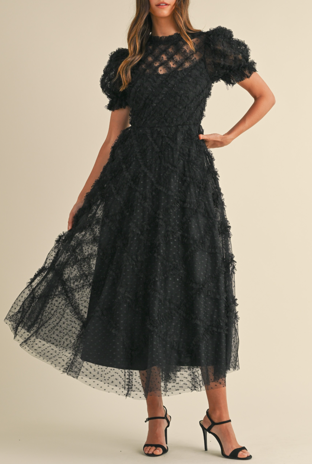 Ruffle Frill Detailed Swiss Dot Mesh Midi Dress