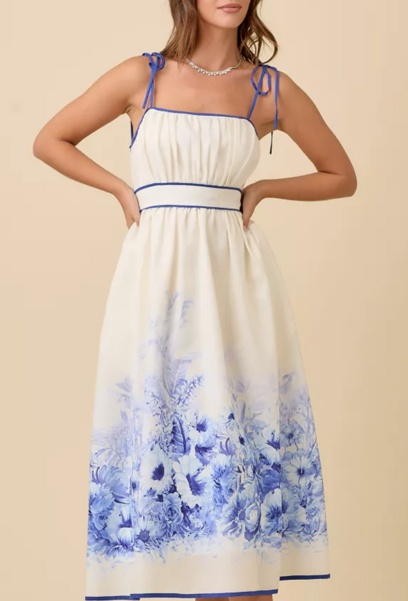 Floral Printed Border Midi Dress With Contrast Binding Detail