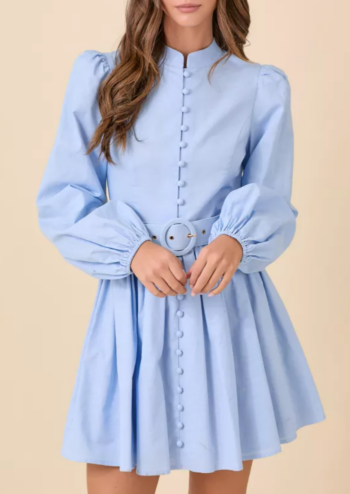 Mock Neck Mini Dress With Front Button Down Detail And Matching Self Belt