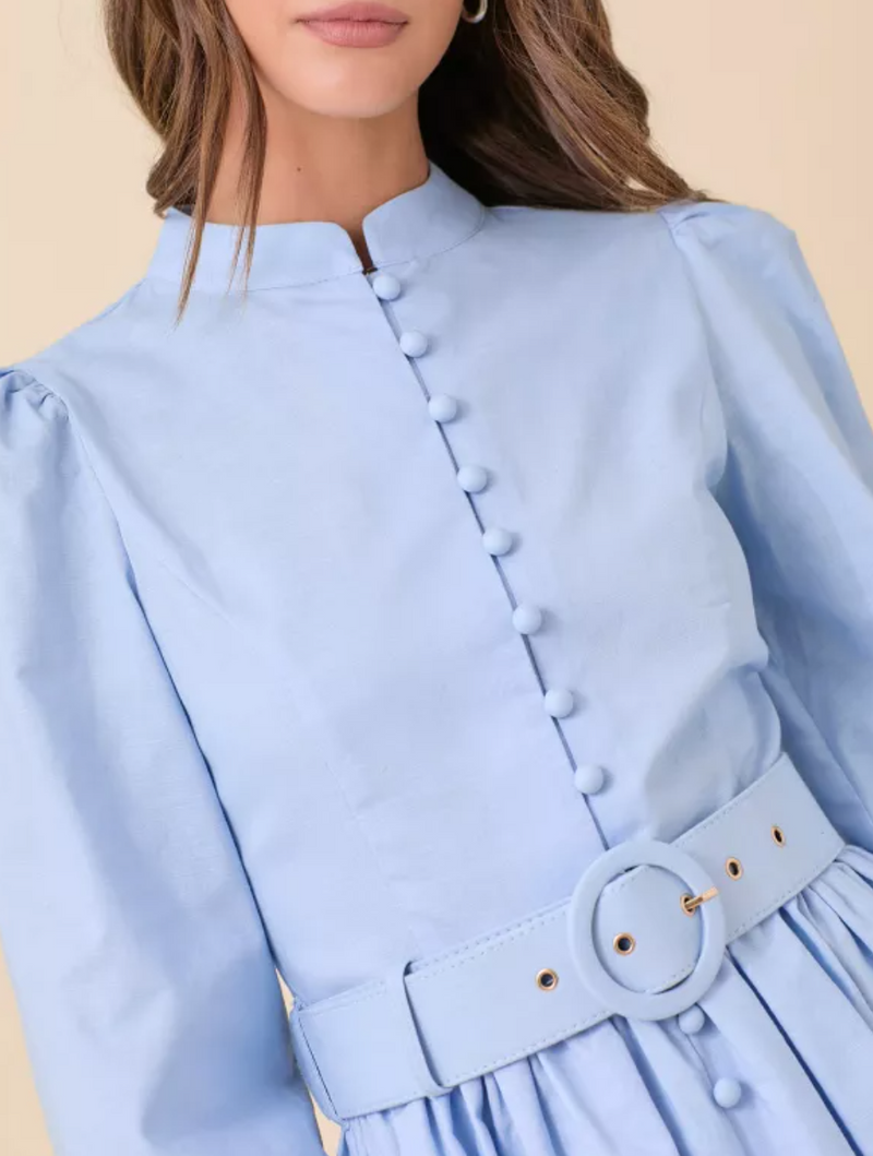 Mock Neck Mini Dress With Front Button Down Detail And Matching Self Belt