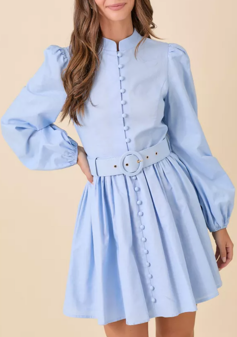Mock Neck Mini Dress With Front Button Down Detail And Matching Self Belt