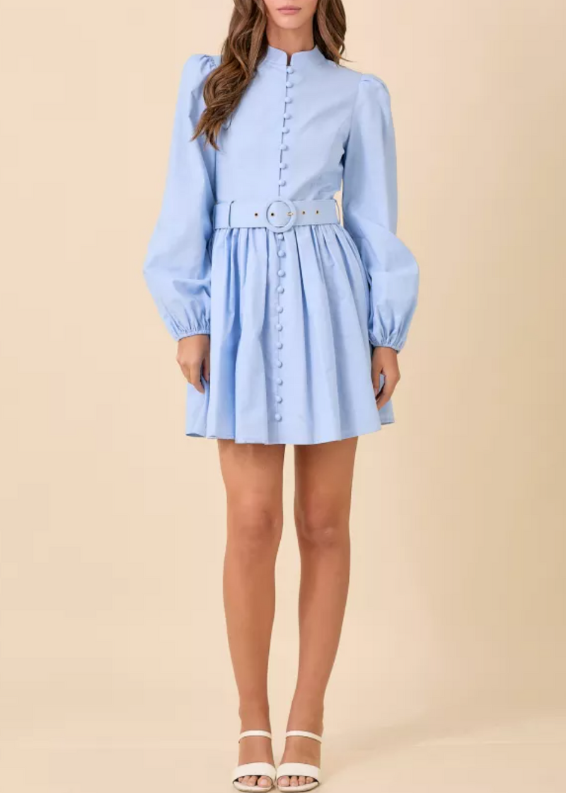 Mock Neck Mini Dress With Front Button Down Detail And Matching Self Belt