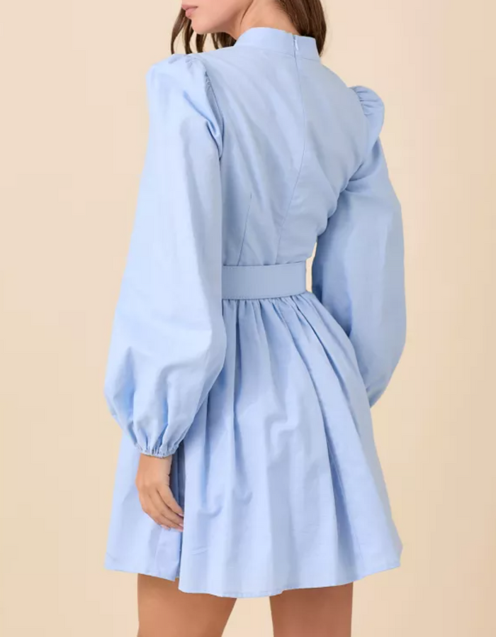 Mock Neck Mini Dress With Front Button Down Detail And Matching Self Belt