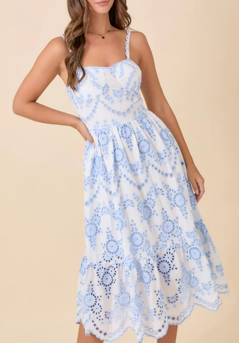Strap Midi Dress With Contrasting Eyelet Fabric Detail And Scallop Hem