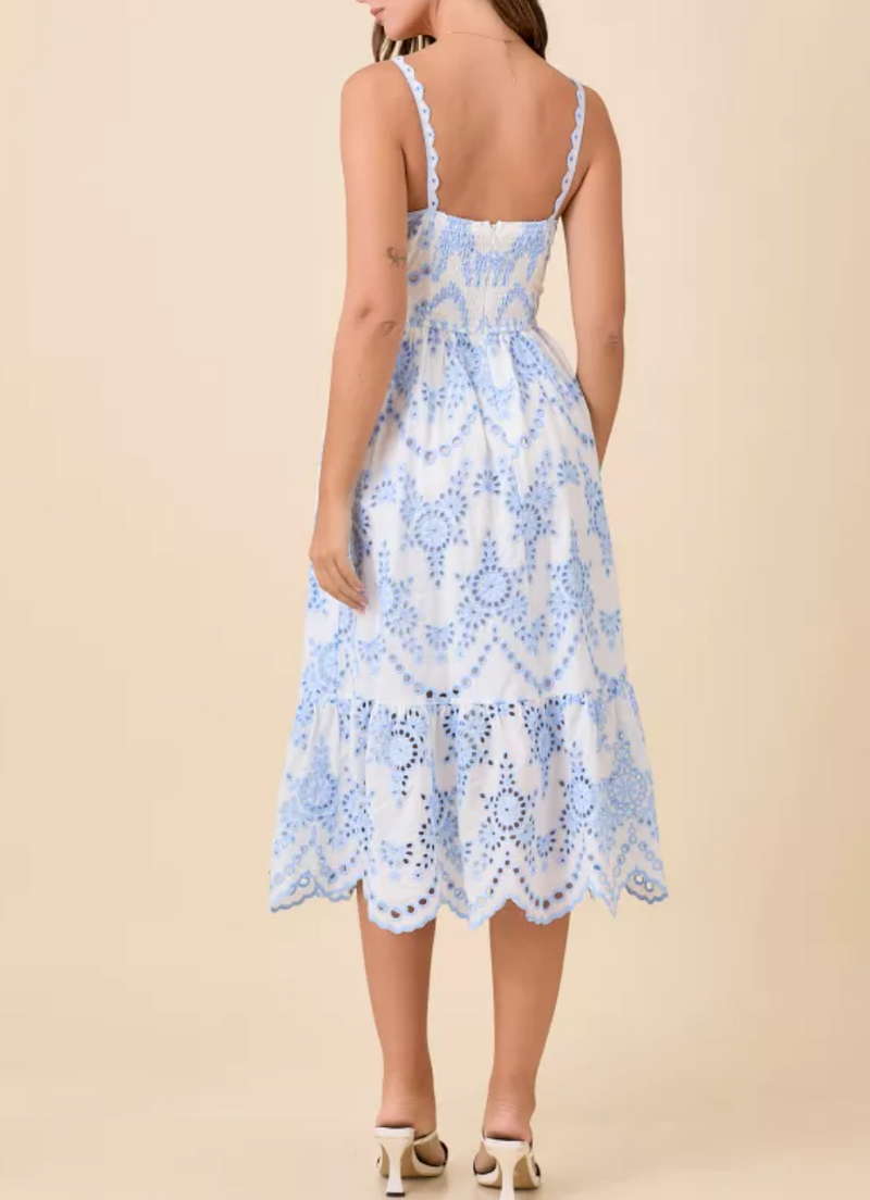 Strap Midi Dress With Contrasting Eyelet Fabric Detail And Scallop Hem