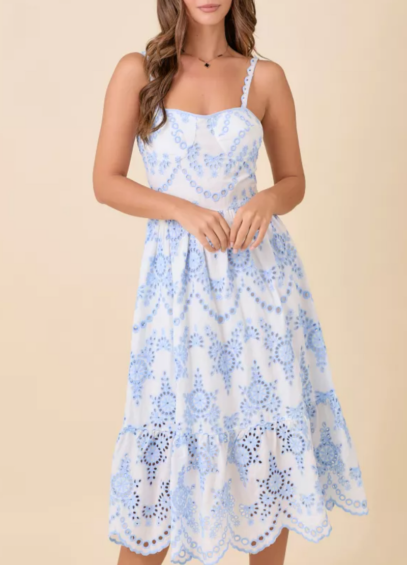 Strap Midi Dress With Contrasting Eyelet Fabric Detail And Scallop Hem