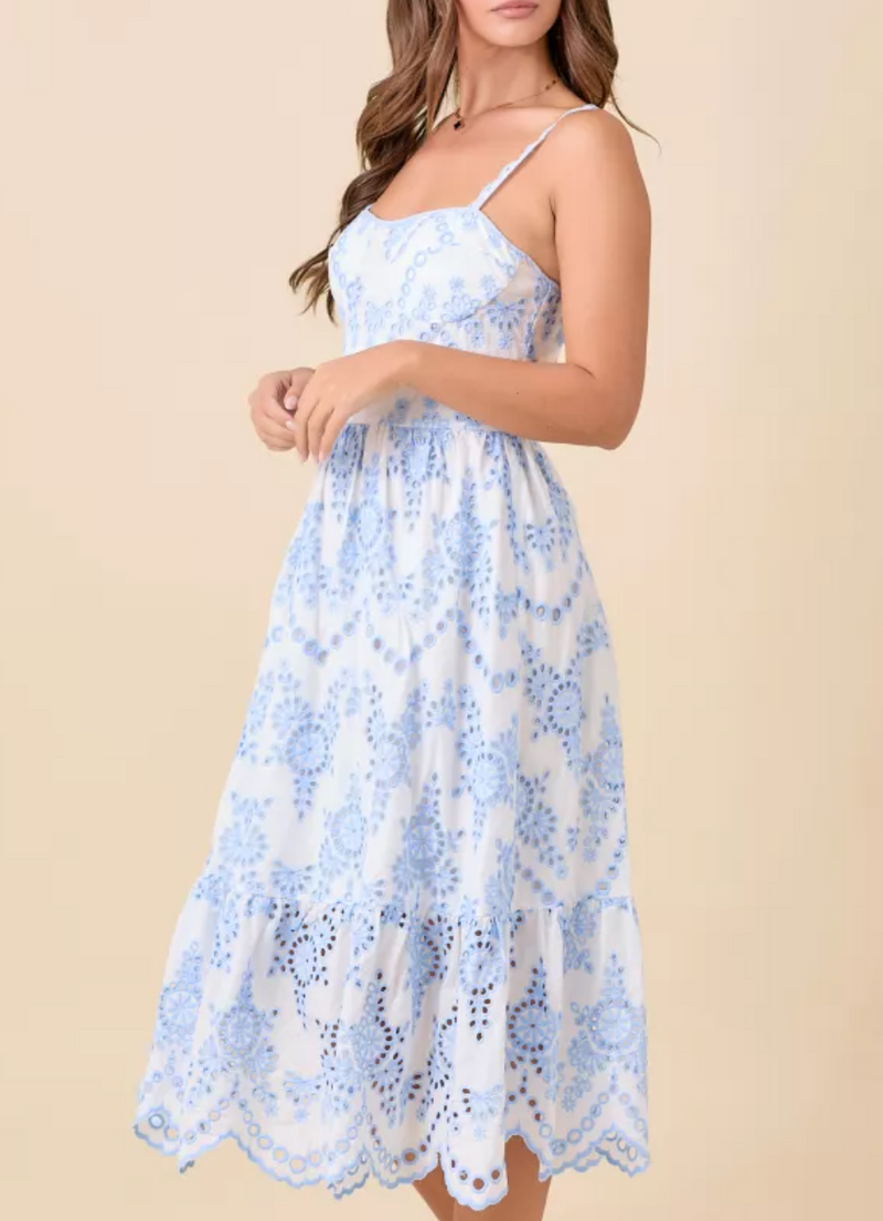 Strap Midi Dress With Contrasting Eyelet Fabric Detail And Scallop Hem