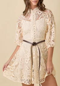 Mock Neck Collar Button Down Mini Lace Dress With Contrasting Belt