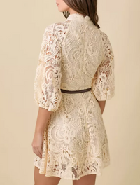 Mock Neck Collar Button Down Mini Lace Dress With Contrasting Belt
