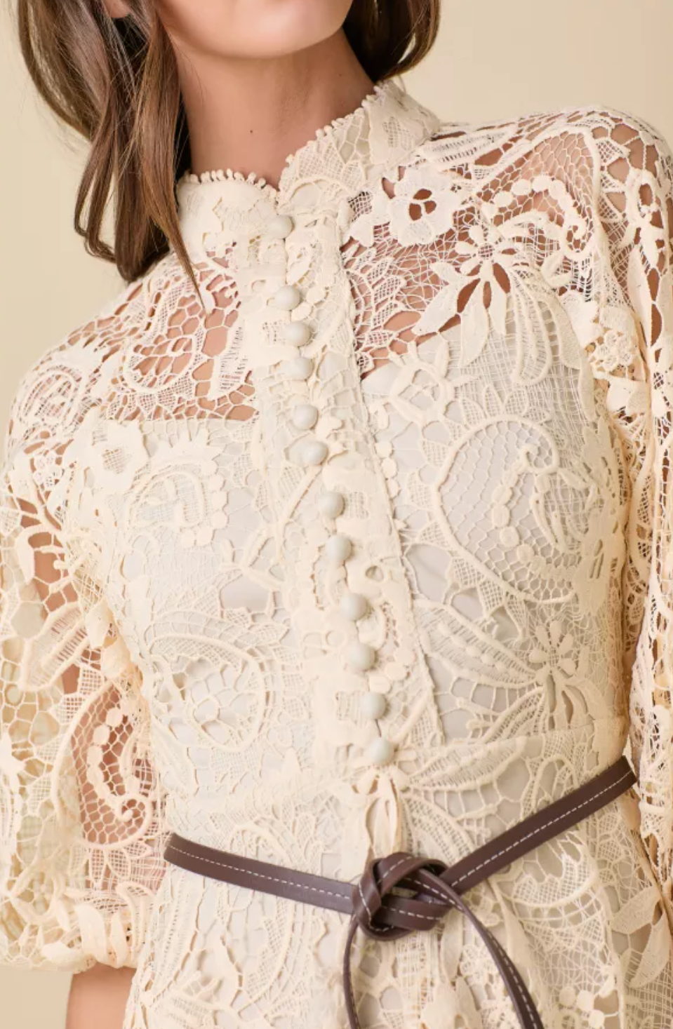 Mock Neck Collar Button Down Mini Lace Dress With Contrasting Belt